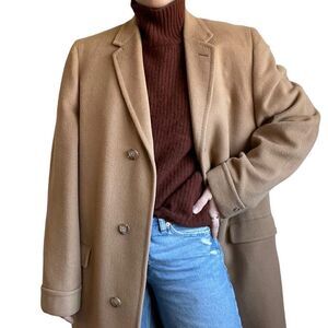 Vintage 90s Unisex 100% Cashmere Tan Mid Length Minimalist Trench Coat Sz XL